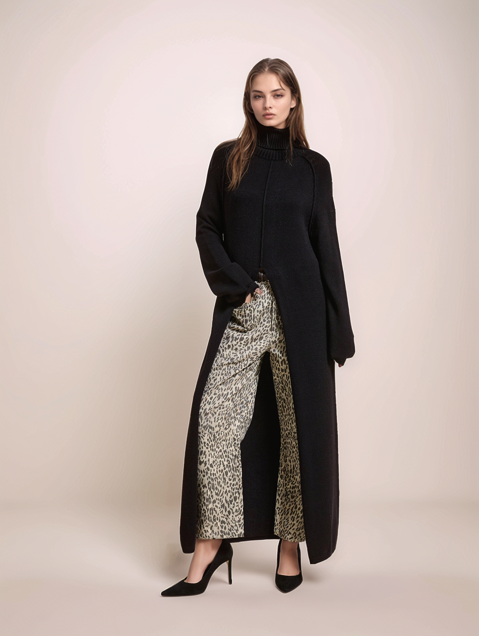 Woman wearing a long black coat and patterned pants on a beige background