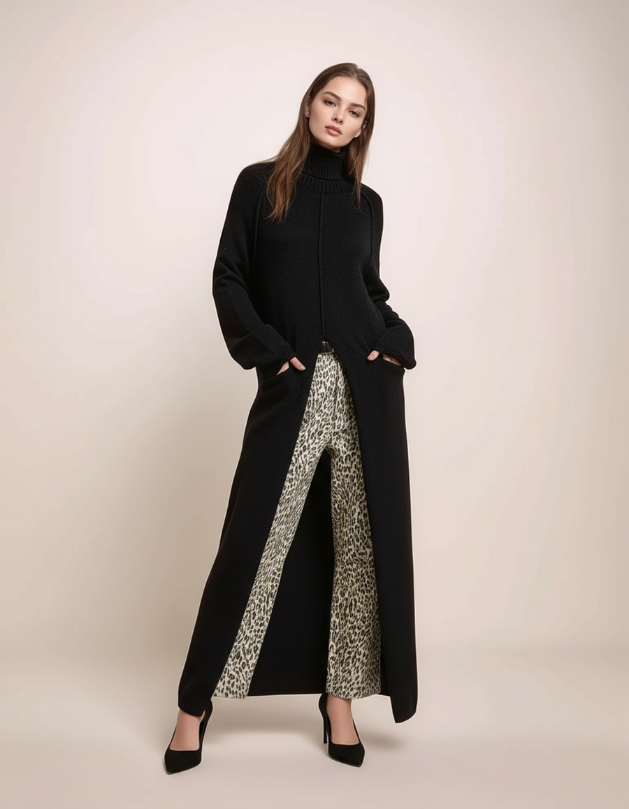 Woman wearing a long black coat with a patterned skirt on a beige background