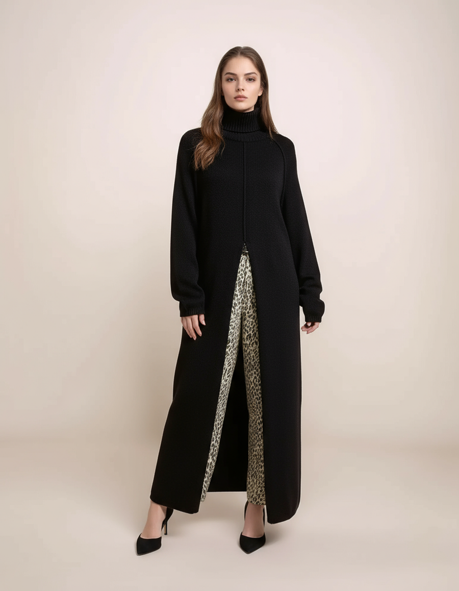 Woman wearing a long black dress with a patterned slit on a beige background