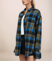 Person wearing a blue and green plaid shirt over a white top and black shorts on a beige background