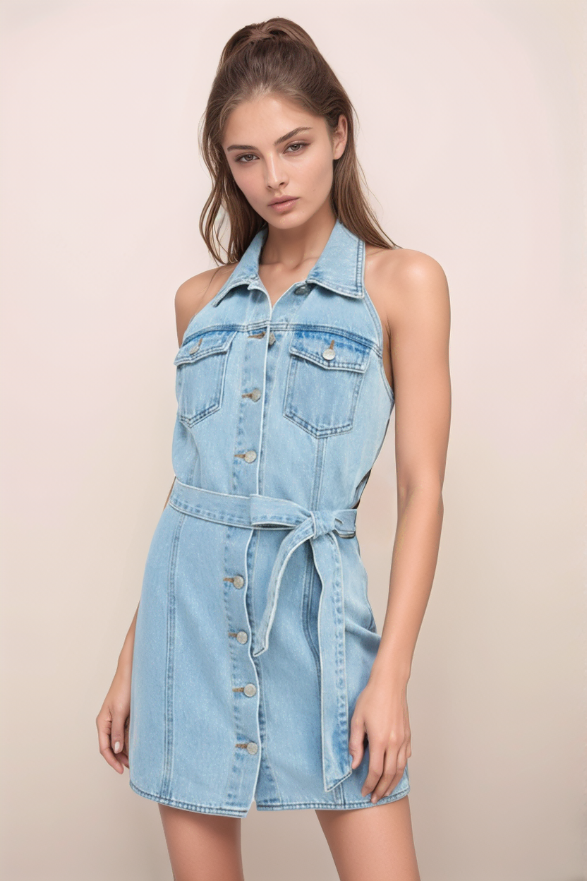 Denim halter mini dress with button-front closure and tie waist belt