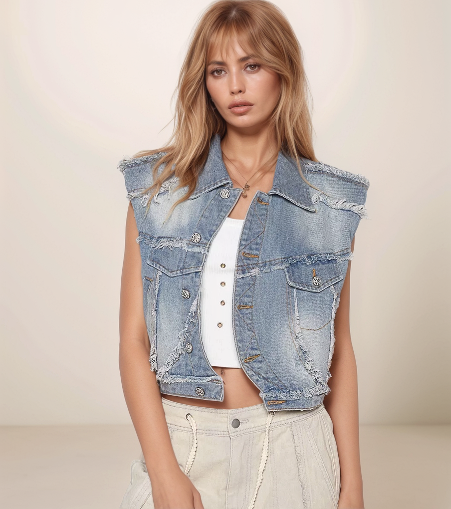 Woman wearing a denim vest over a white top with a neutral background