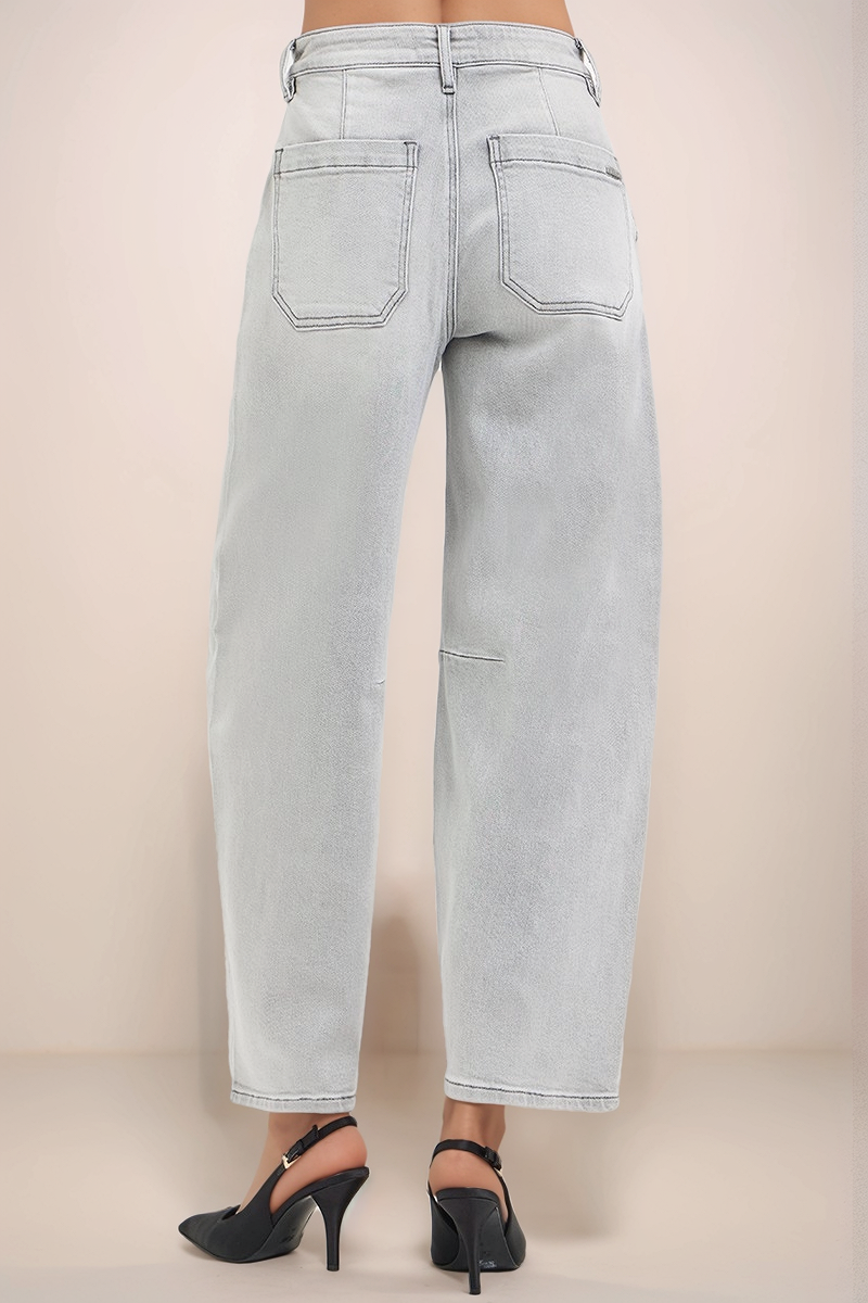 Back view of RISEN slouchy cropped barrel jeans in light wash denim with relaxed fit and back pockets