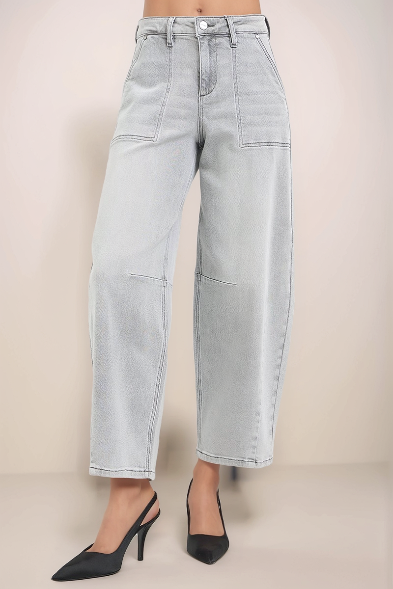 RISEN slouchy cropped barrel jeans in light wash denim, front view with utility-inspired patch pockets