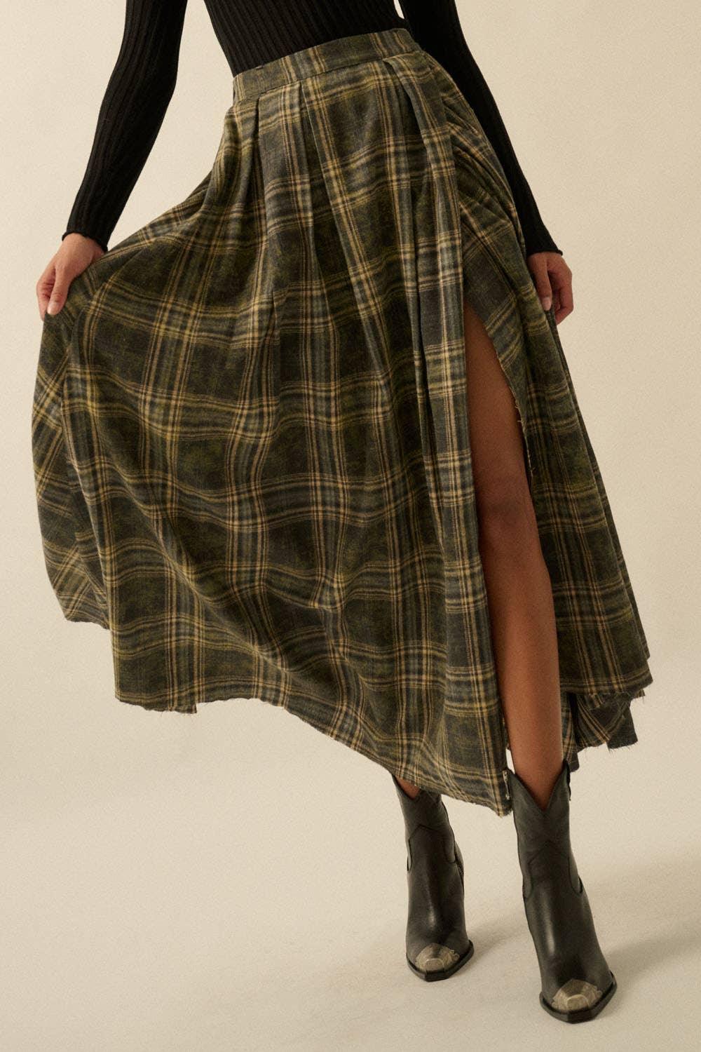 Plaid skirt with a slit on a beige background
