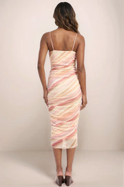 Back view of ruched mesh midi dress with adjustable straps and smooth fitted silhouette
